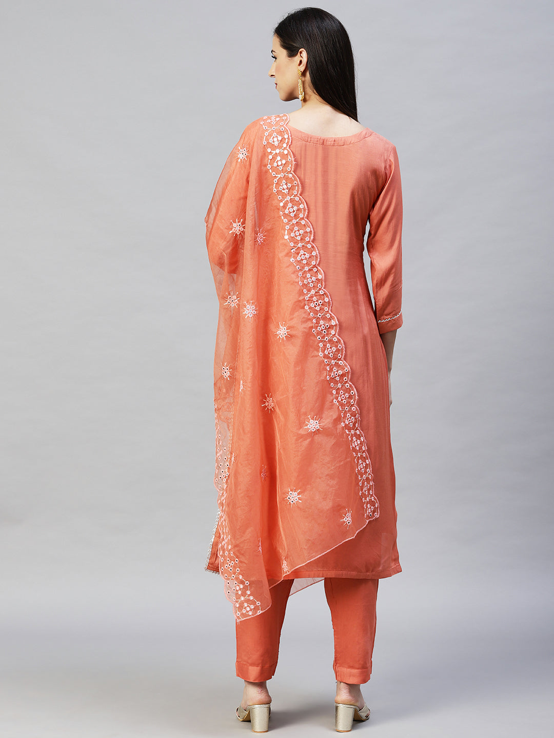 Floral Hand Embroidered Straight Kurta with Pants & Dupatta - Coral