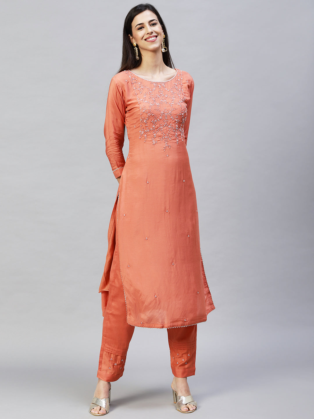 Floral Hand Embroidered Straight Kurta with Pants & Dupatta - Coral