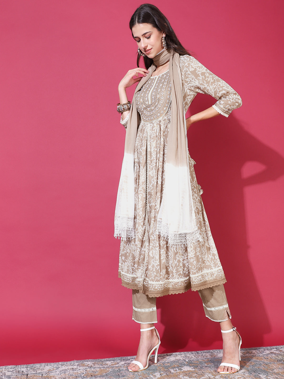 Floral Printed & Embroidered A-Line Kurta with Pant & Dupatta - Brown