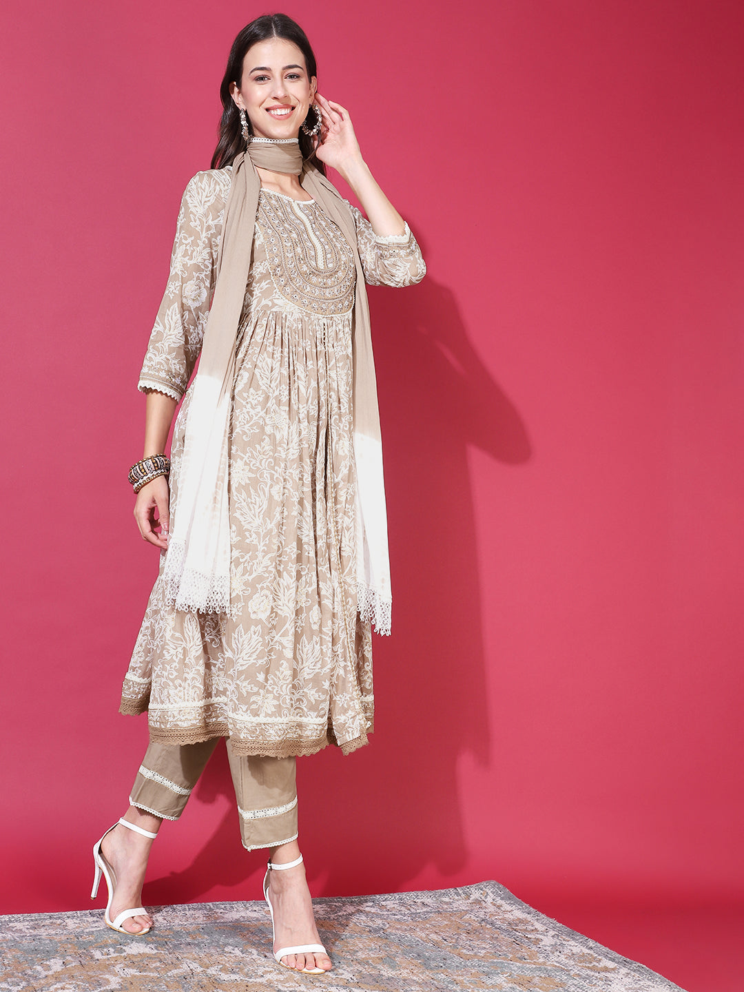 Floral Printed & Embroidered A-Line Kurta with Pant & Dupatta - Brown