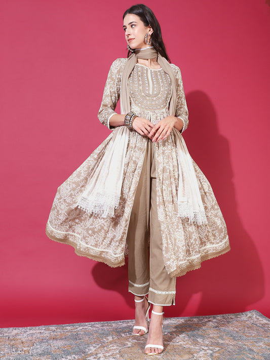 Floral Printed & Embroidered A-Line Kurta with Pant & Dupatta - Brown