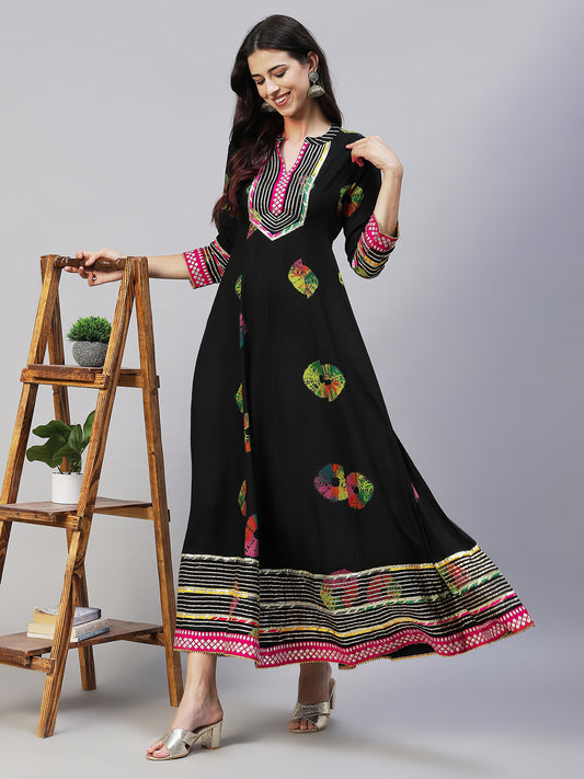 Ethnic Printed & Embroidered Anarkali Flared Maxi Dress - Black