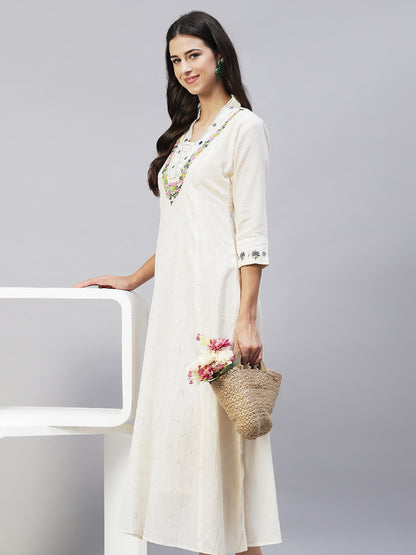 Solid Floral Hand Embroidered A-Line Maxi Dress - Off White
