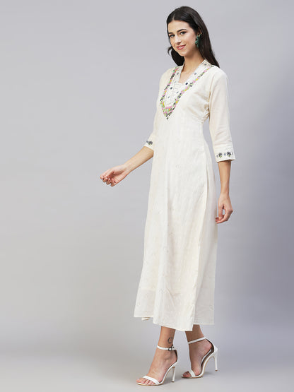 Solid Floral Hand Embroidered A-Line Maxi Dress - Off White