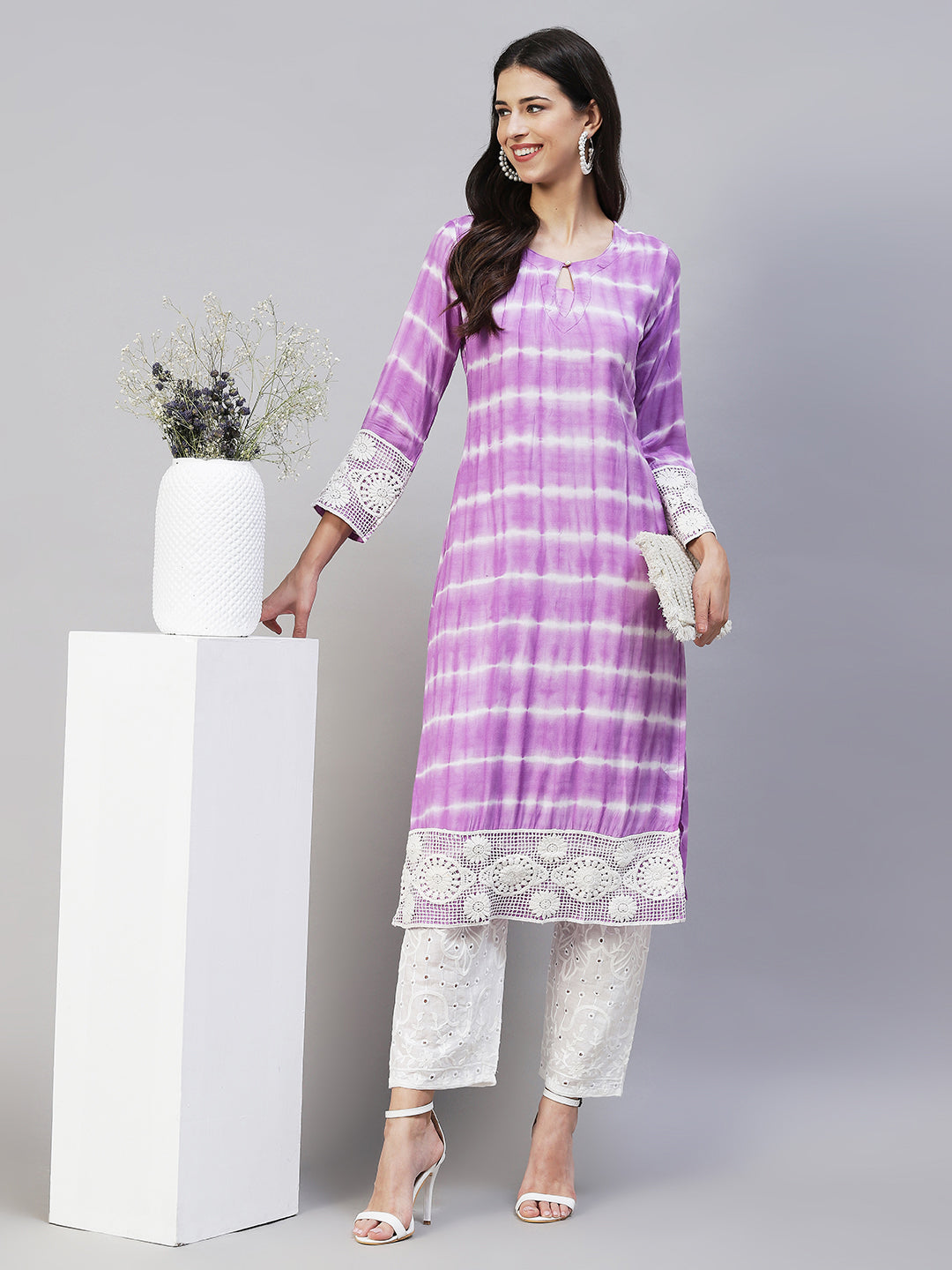 Tie-Dye & Embroidered Straight Kurta with Pants - Purple