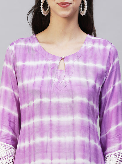 Tie-Dye & Embroidered Straight Kurta with Pants - Purple