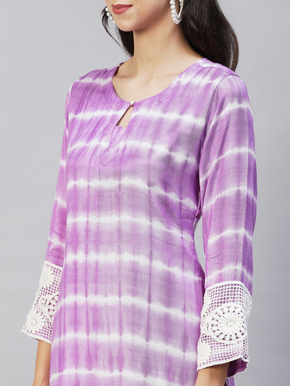 Tie-Dye & Embroidered Straight Kurta with Pants - Purple