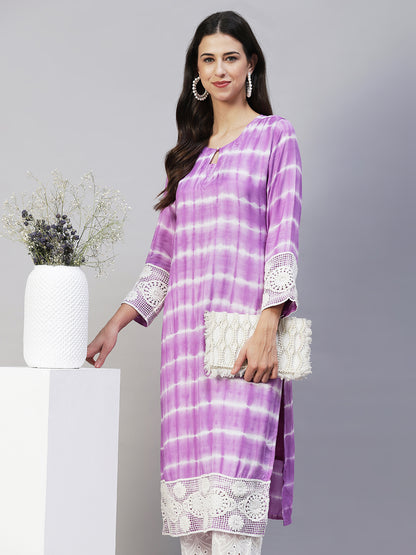 Tie-Dye & Embroidered Straight Kurta with Pants - Purple