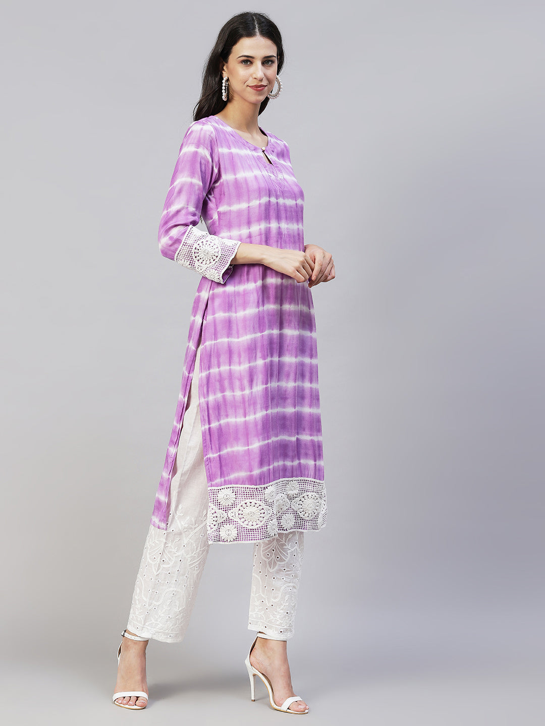 Tie-Dye & Embroidered Straight Kurta with Pants - Purple