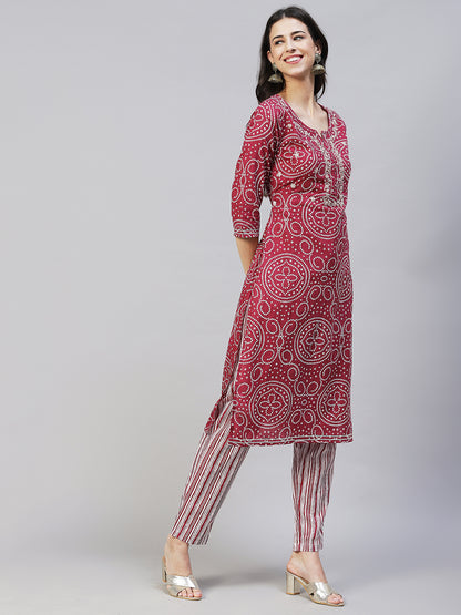 Bandhani Printed & Embroidered Straight Kurta with Pants - Light Wine
