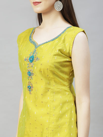 Floral Hand Embroidered Straight Kurta with Pants & Dupatta - Pear Green