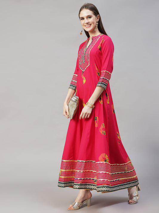 Ethnic Printed & Embroidered Anarkali Flared Maxi Dress - Hot Pink