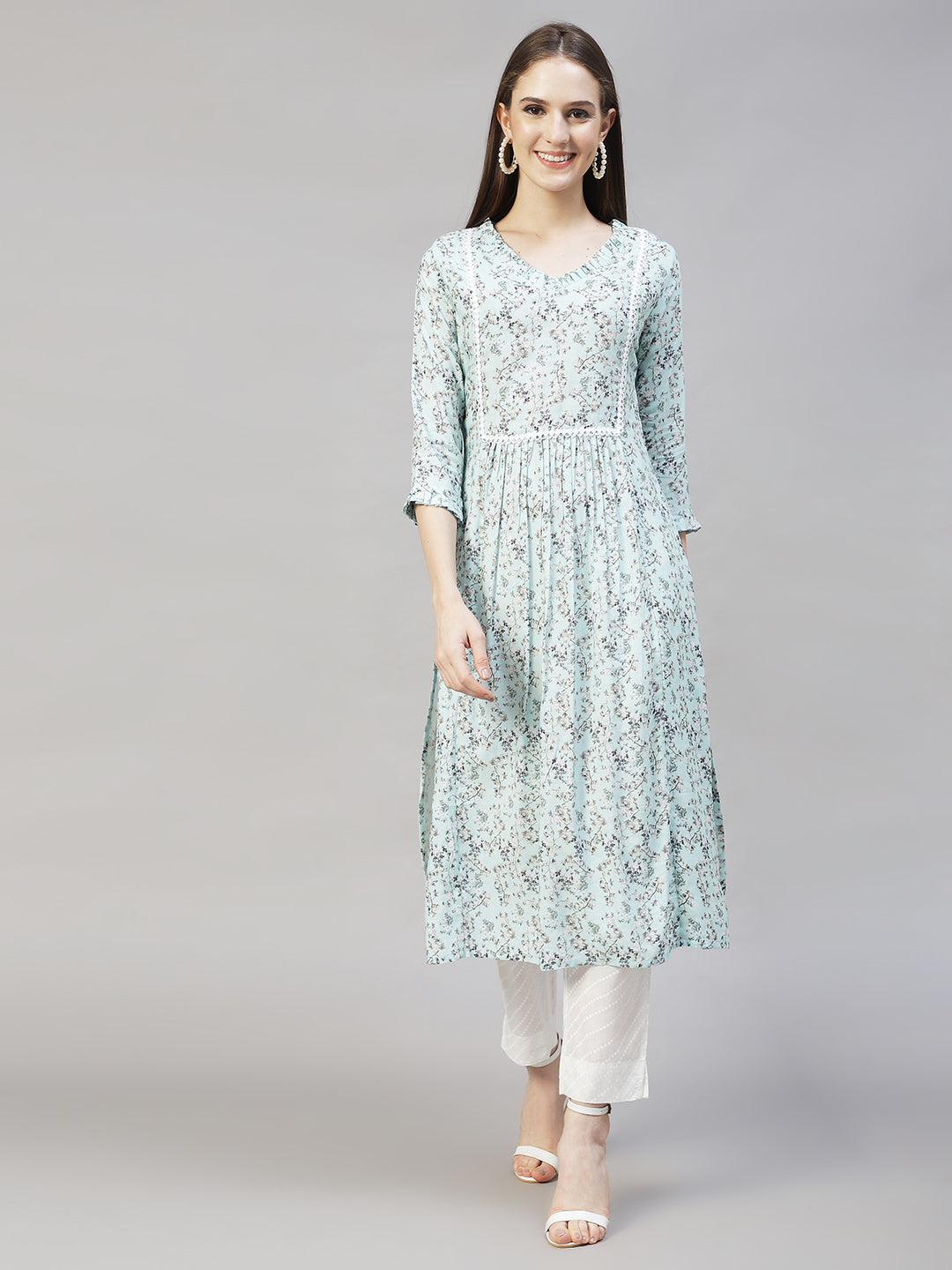 Floral Printed A-Line Kurta – Light Aqua Blue