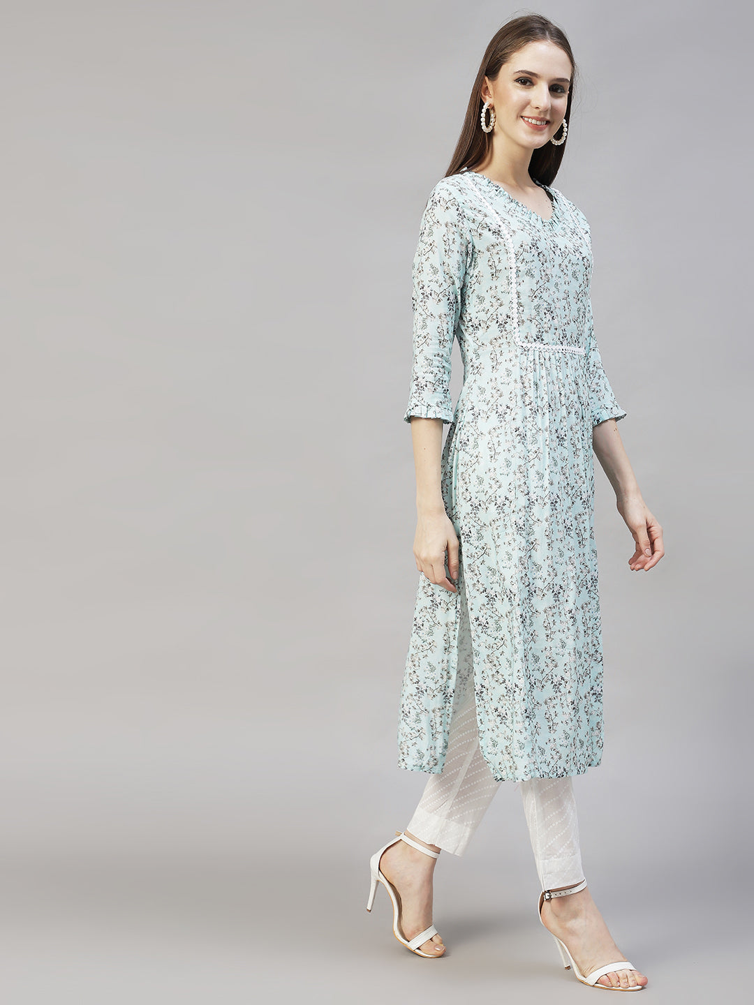 Floral Printed A-Line Kurta – Light Aqua Blue