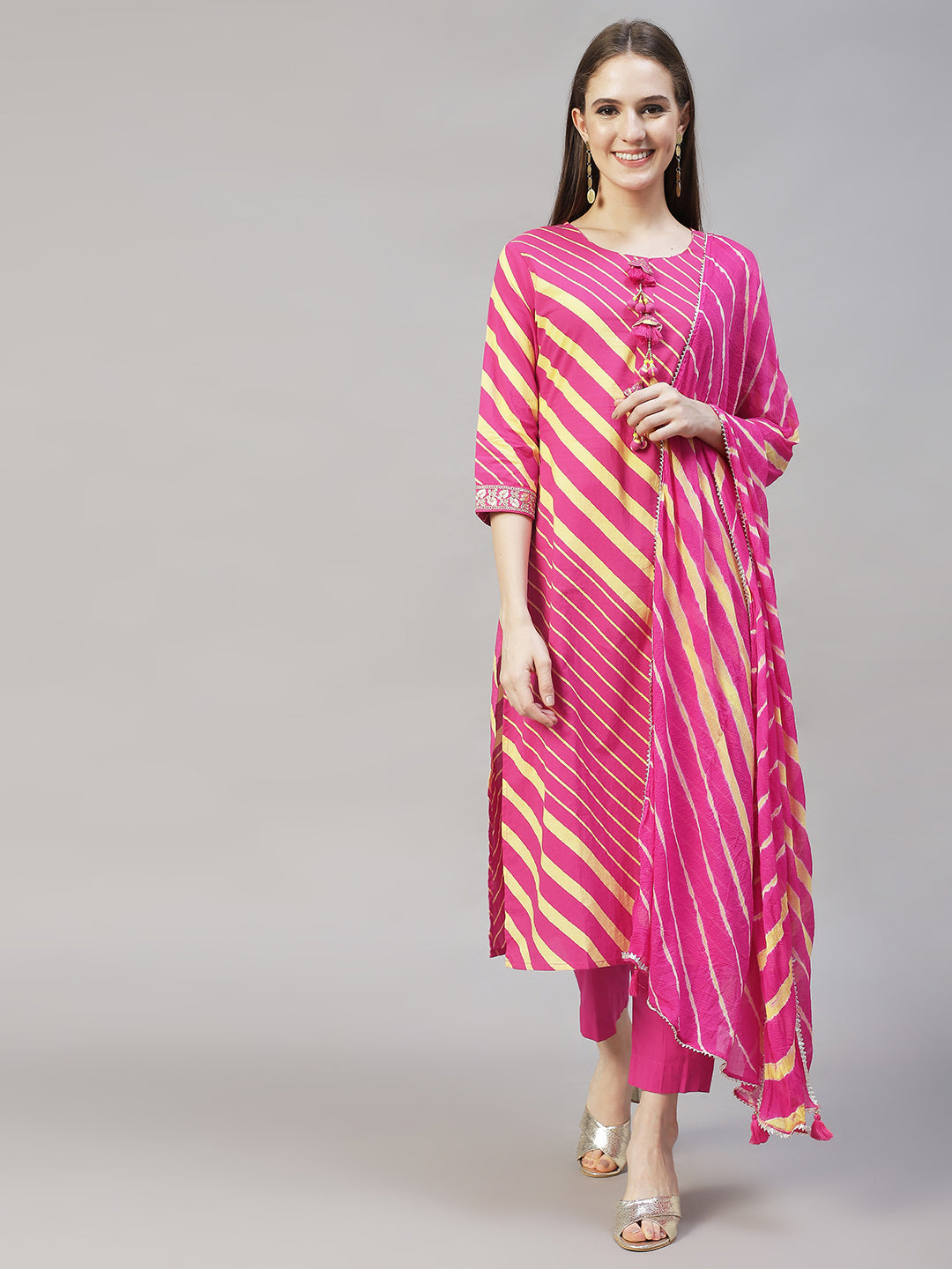 Stripes Printed & Embroidered Straight Fit Kurta with Pants & Dupatta - Hot Pink