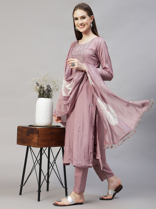 Ethnic Hand Embroidered Straight Kurta with Pants & Dupatta - Lilac Purple