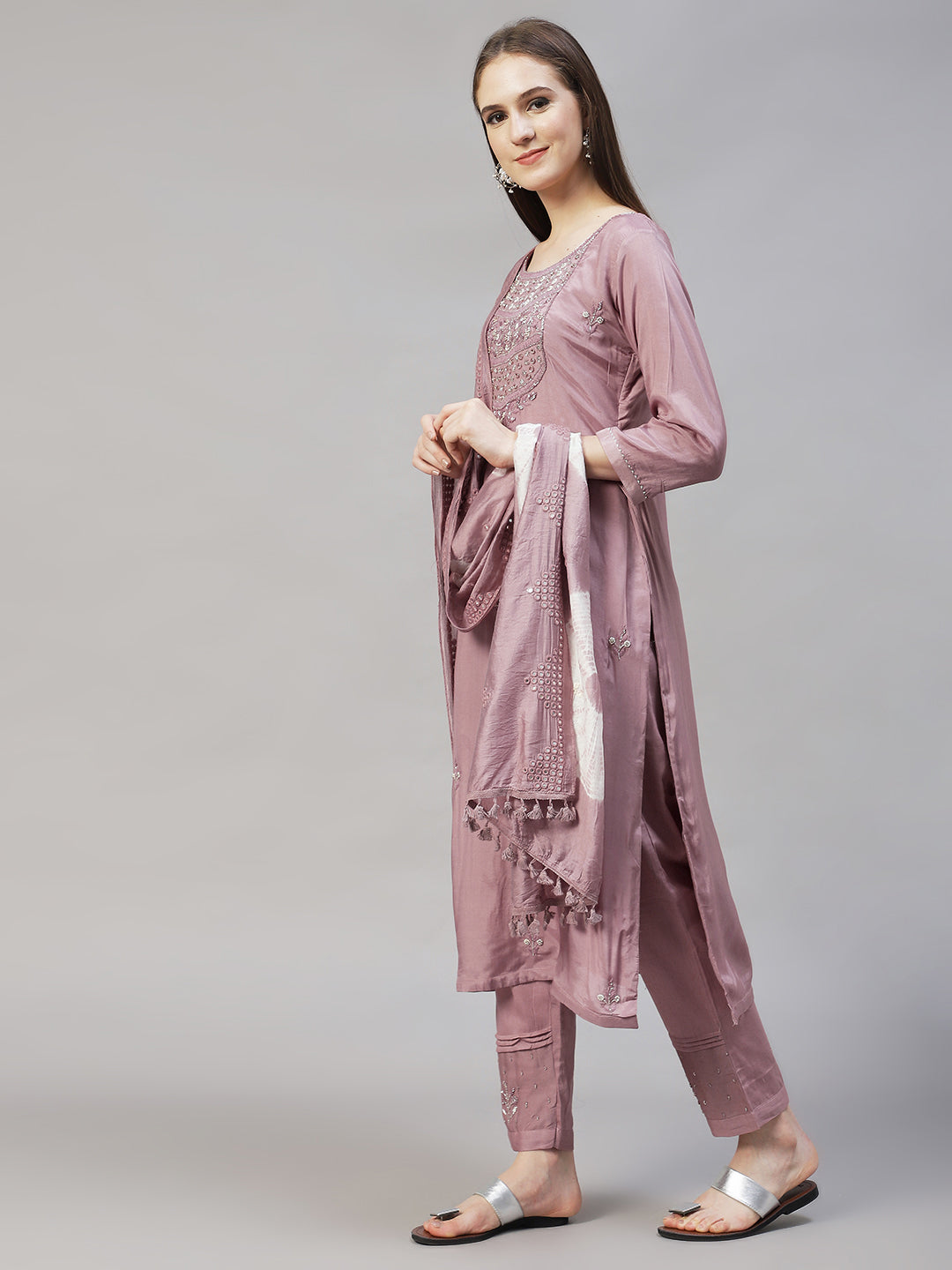 Ethnic Hand Embroidered Straight Kurta with Pants & Dupatta - Lilac Pu