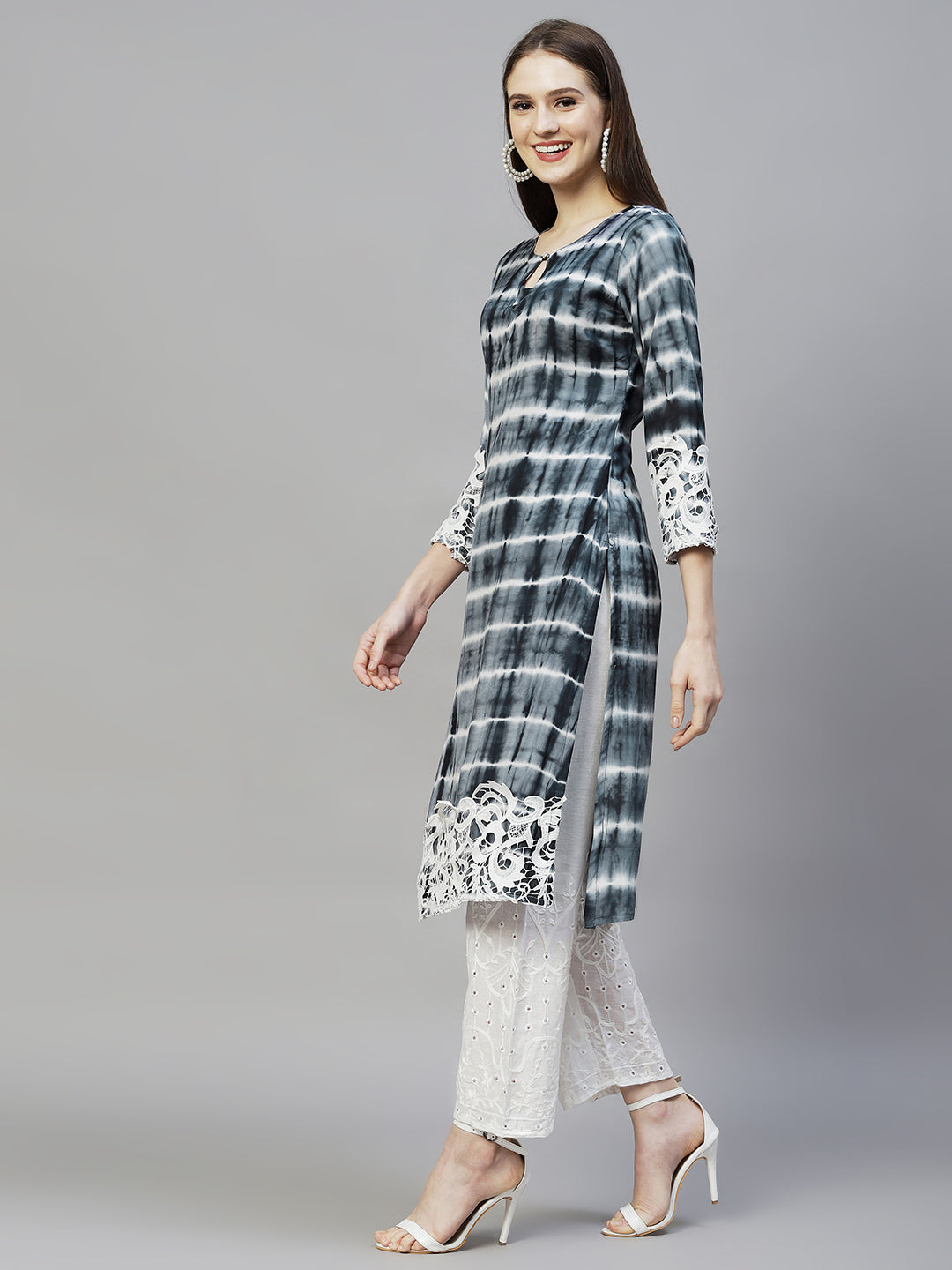 Tie-Dye & Embroidered Straight Kurta with Pants - Light Teal Blue