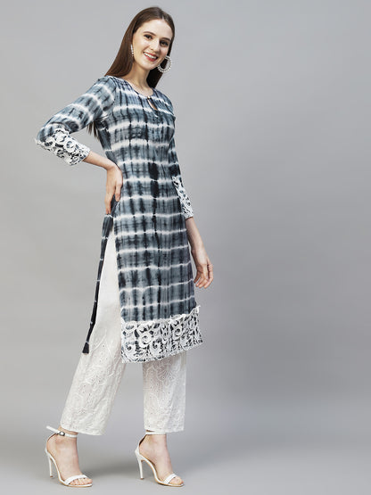 Tie-Dye & Embroidered Straight Kurta with Pants - Light Teal Blue