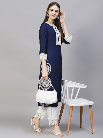 Ethnic Embroidered Straight Fit Kurta & Pants - Navy Blue