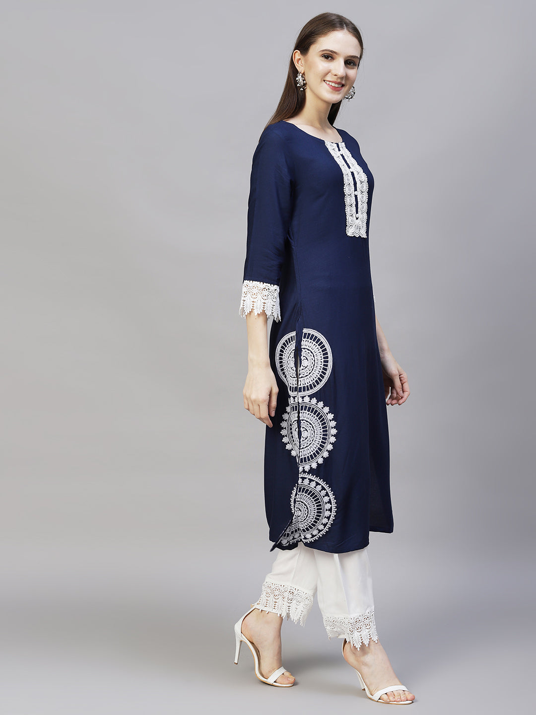 Ethnic Embroidered Straight Fit Kurta & Pants - Navy Blue
