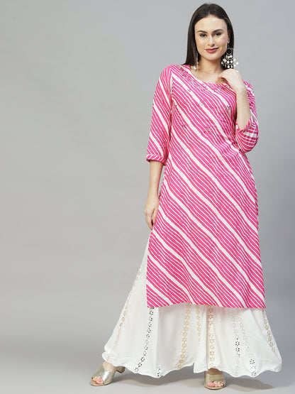 Leheriya Printed & Embroidered Straight Fit Kurta - Pink