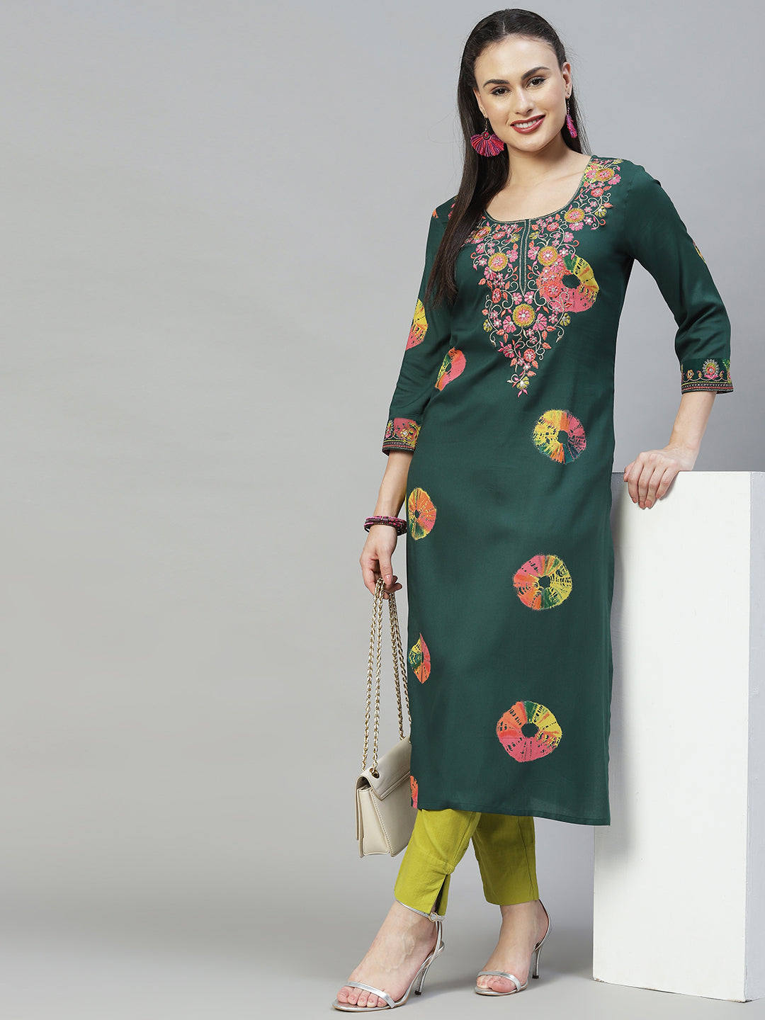 Ethnic Printed & Embroidered Straight Fit Kurta - Dark Green