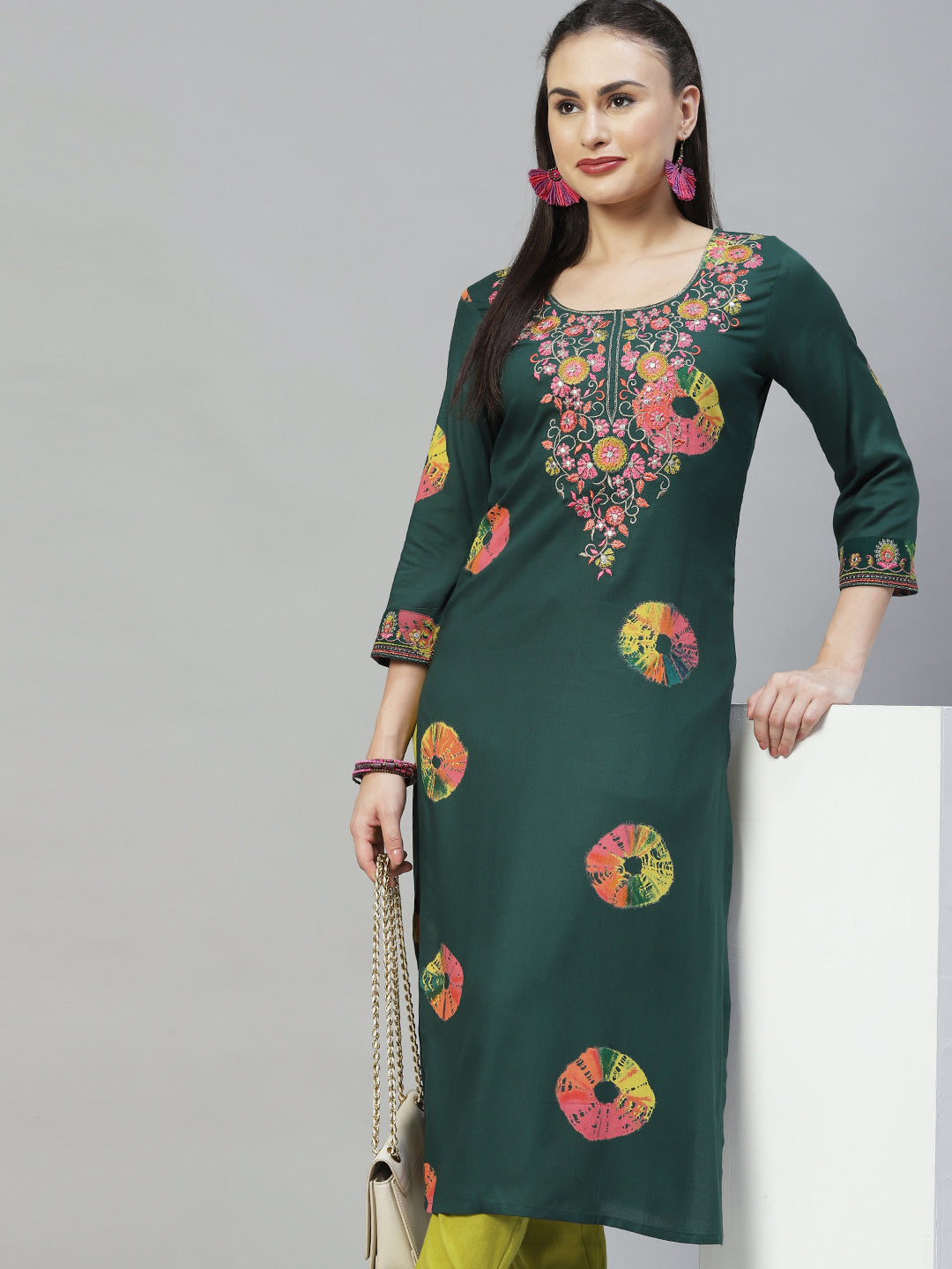 Ethnic Printed & Embroidered Straight Fit Kurta - Dark Green