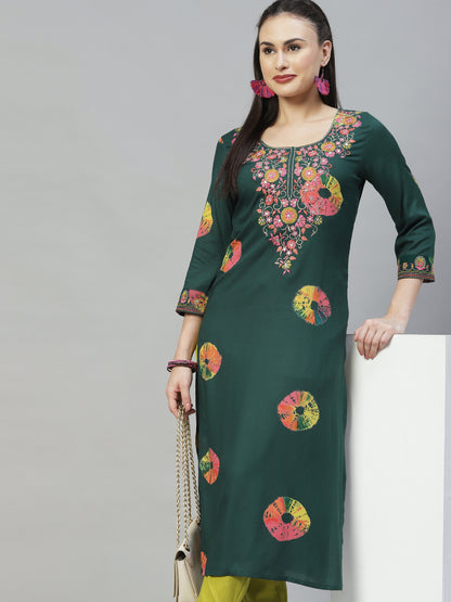 Ethnic Printed & Embroidered Straight Fit Kurta - Dark Green