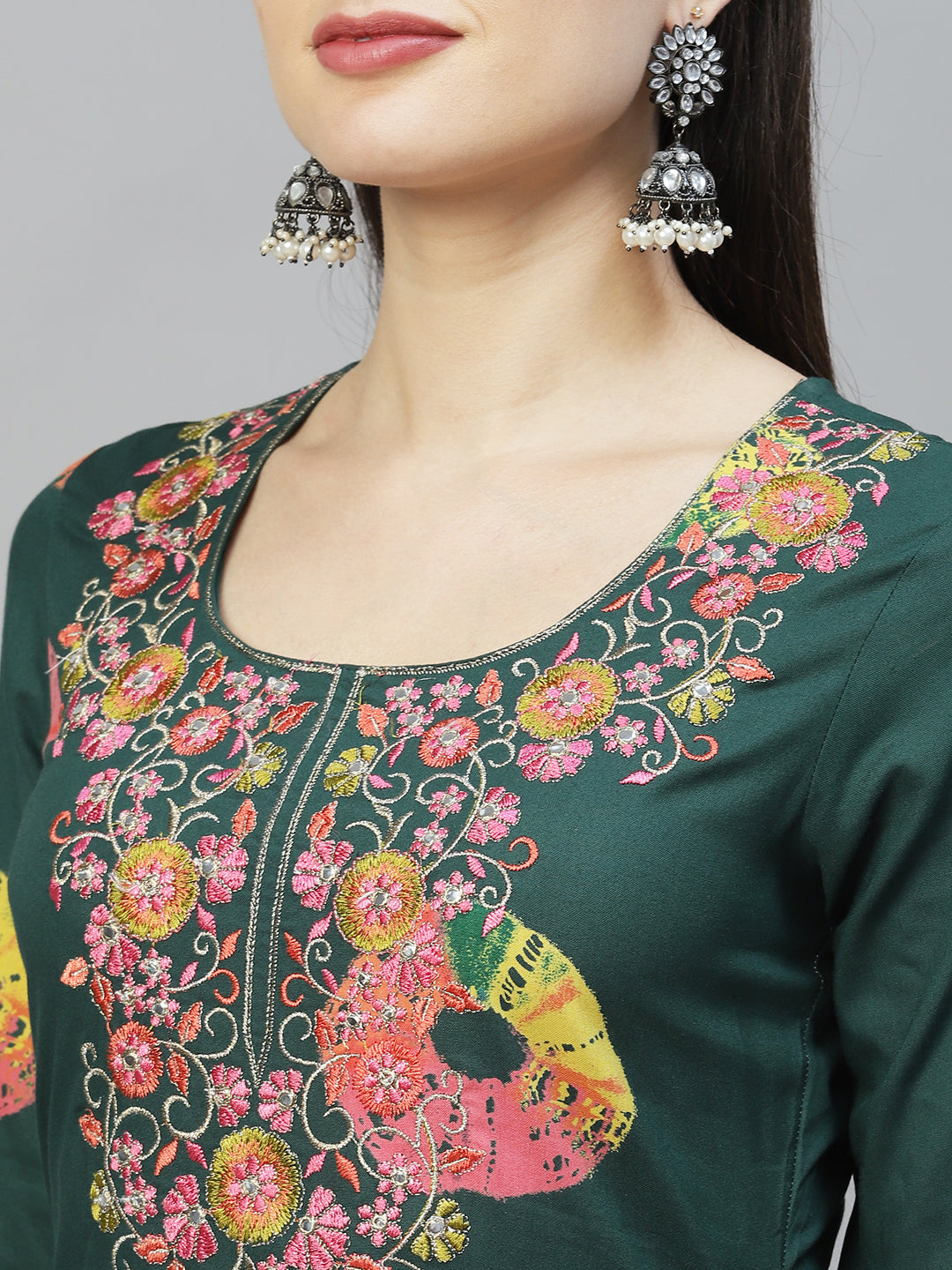 Ethnic Printed & Embroidered Straight Fit Kurta - Dark Green