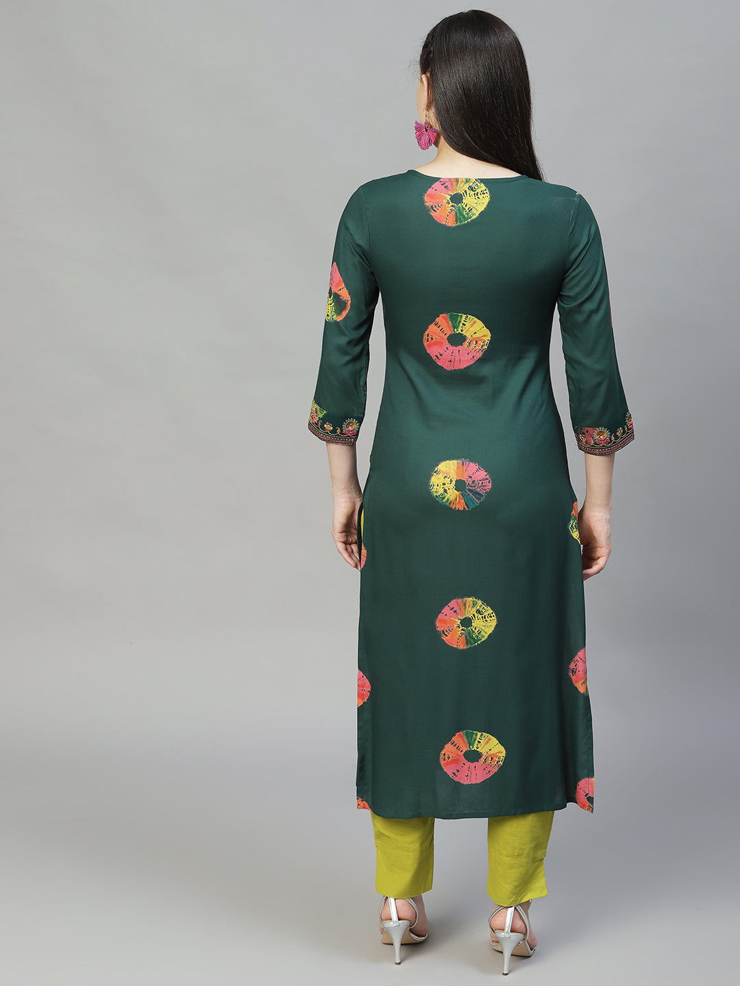 Ethnic Printed & Embroidered Straight Fit Kurta - Dark Green