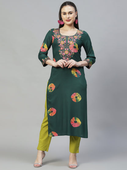 Ethnic Printed & Embroidered Straight Fit Kurta - Dark Green