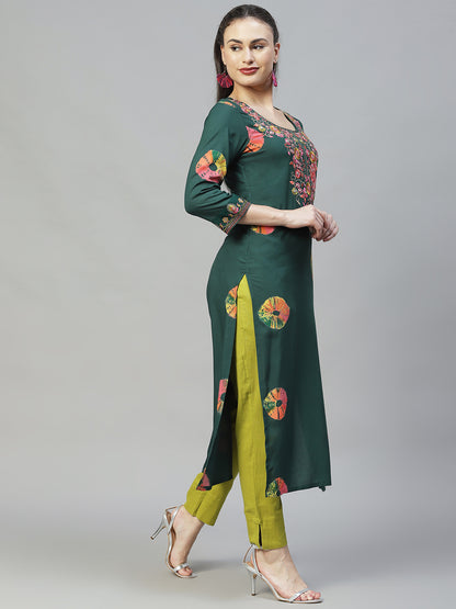 Ethnic Printed & Embroidered Straight Fit Kurta - Dark Green