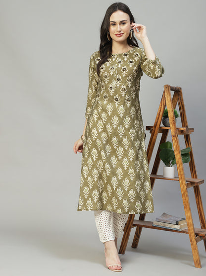 Ethnic Printed & Embroidered Straight Fit Kurta - Olive Green