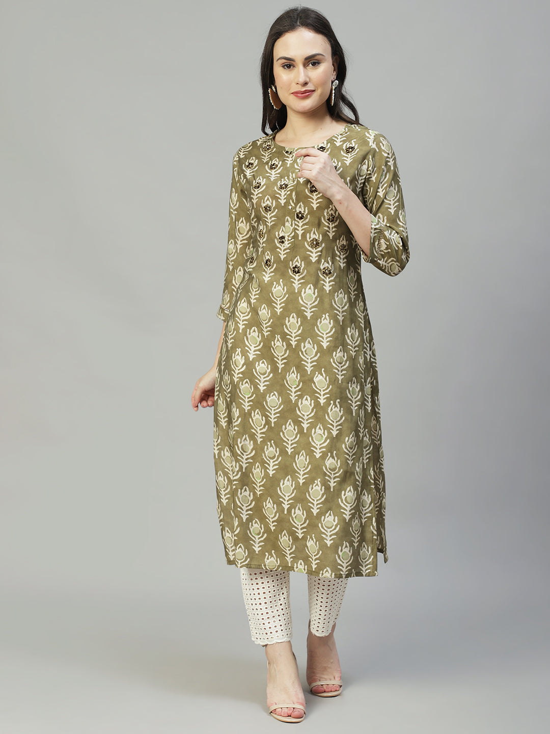 Ethnic Printed & Embroidered Straight Fit Kurta - Olive Green