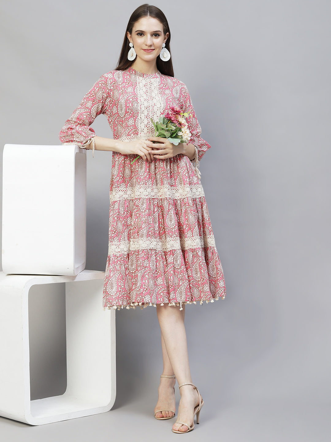 Ethnic Printed & Embroidered Tiered Flared Midi Dress - Pink