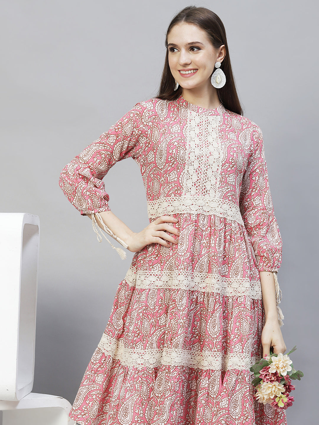 Ethnic Printed & Embroidered Tiered Flared Midi Dress - Pink