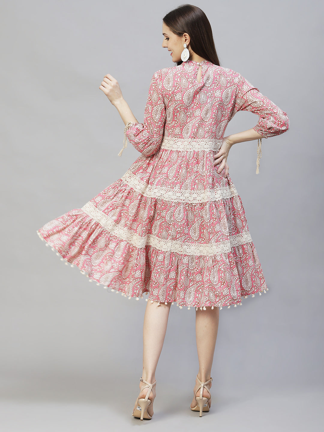 Ethnic Printed & Embroidered Tiered Flared Midi Dress - Pink