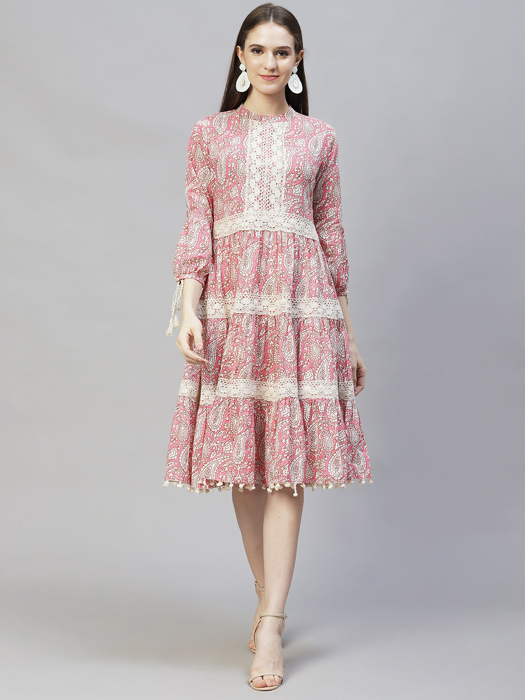 Ethnic Printed & Embroidered Tiered Flared Midi Dress - Pink