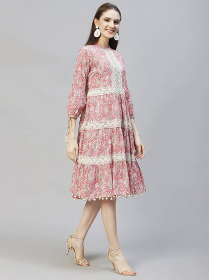 Ethnic Printed & Embroidered Tiered Flared Midi Dress - Pink