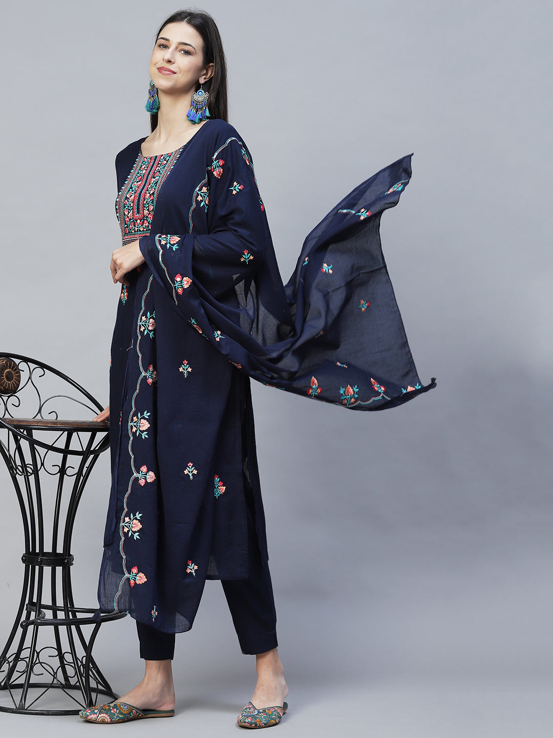 Floral Embroidered Straight Fit Kurta with Pants & Dupatta – Navy Blue