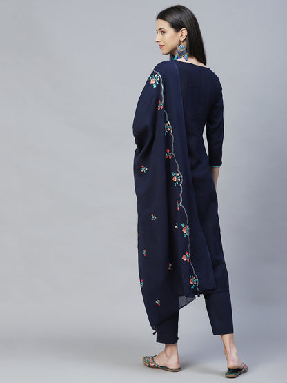 Floral Embroidered Straight Fit Kurta with Pants & Dupatta – Navy Blue