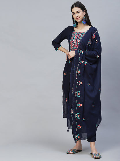 Floral Embroidered Straight Fit Kurta with Pants & Dupatta – Navy Blue