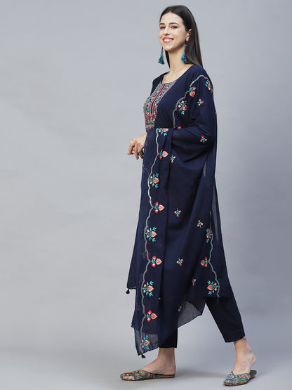 Floral Embroidered Straight Fit Kurta with Pants & Dupatta – Navy Blue