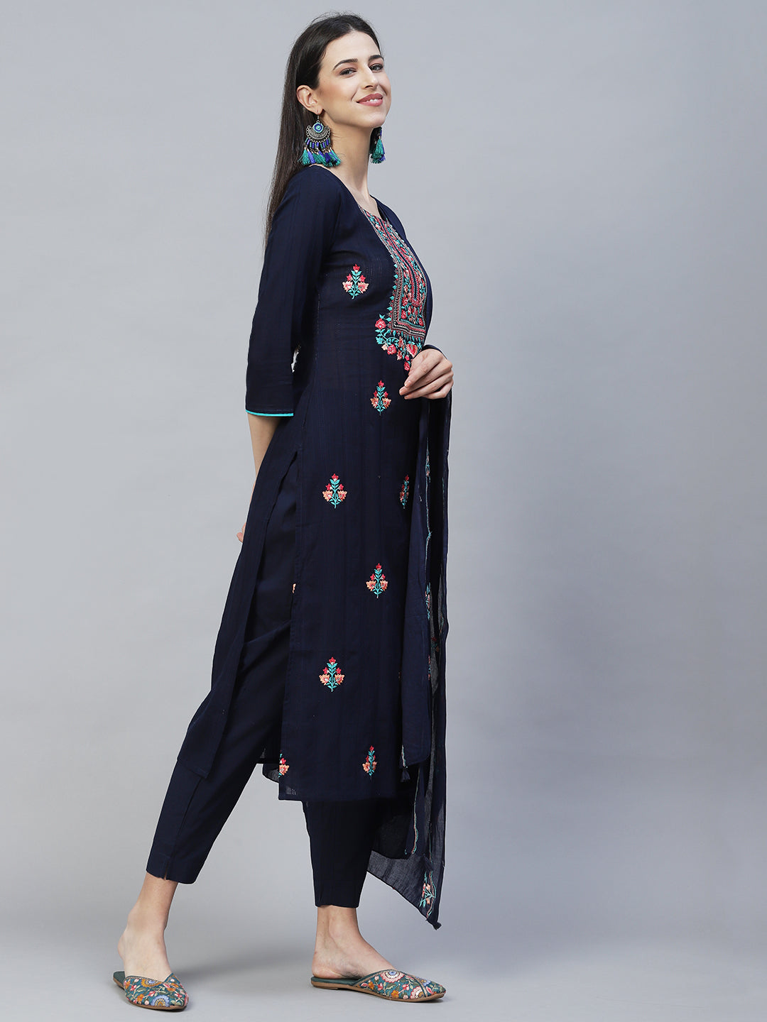 Floral Embroidered Straight Fit Kurta with Pants & Dupatta – Navy Blue