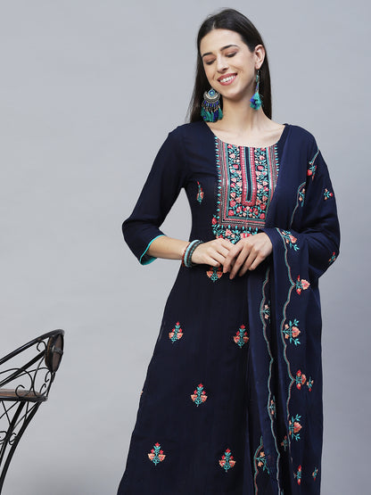 Floral Embroidered Straight Fit Kurta with Pants & Dupatta – Navy Blue