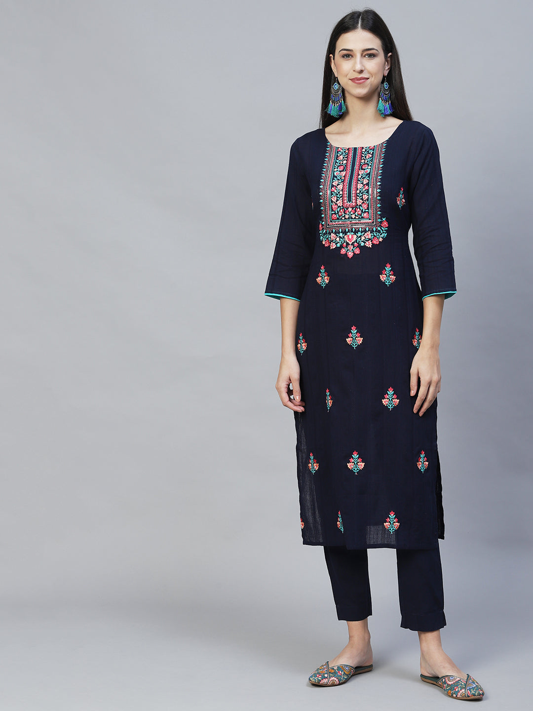 Floral Embroidered Straight Fit Kurta with Pants & Dupatta – Navy Blue