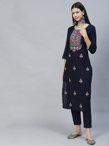 Floral Embroidered Straight Fit Kurta with Pants & Dupatta – Navy Blue