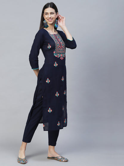 Floral Embroidered Straight Fit Kurta with Pants & Dupatta – Navy Blue