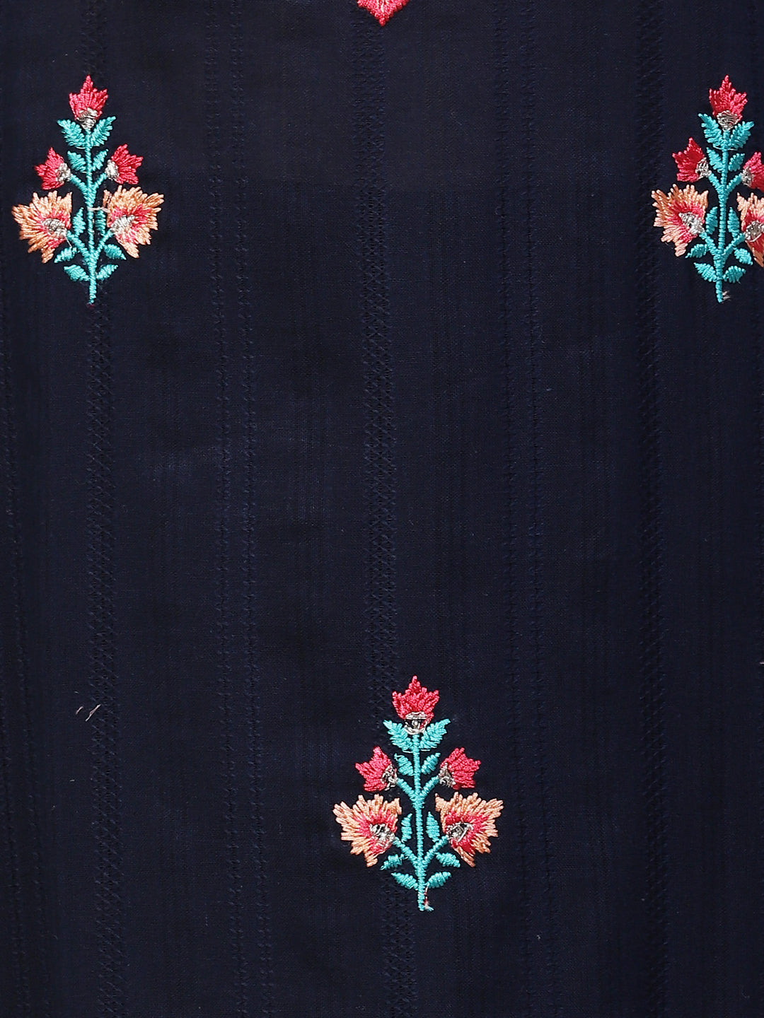 Floral Embroidered Straight Fit Kurta with Pants & Dupatta – Navy Blue